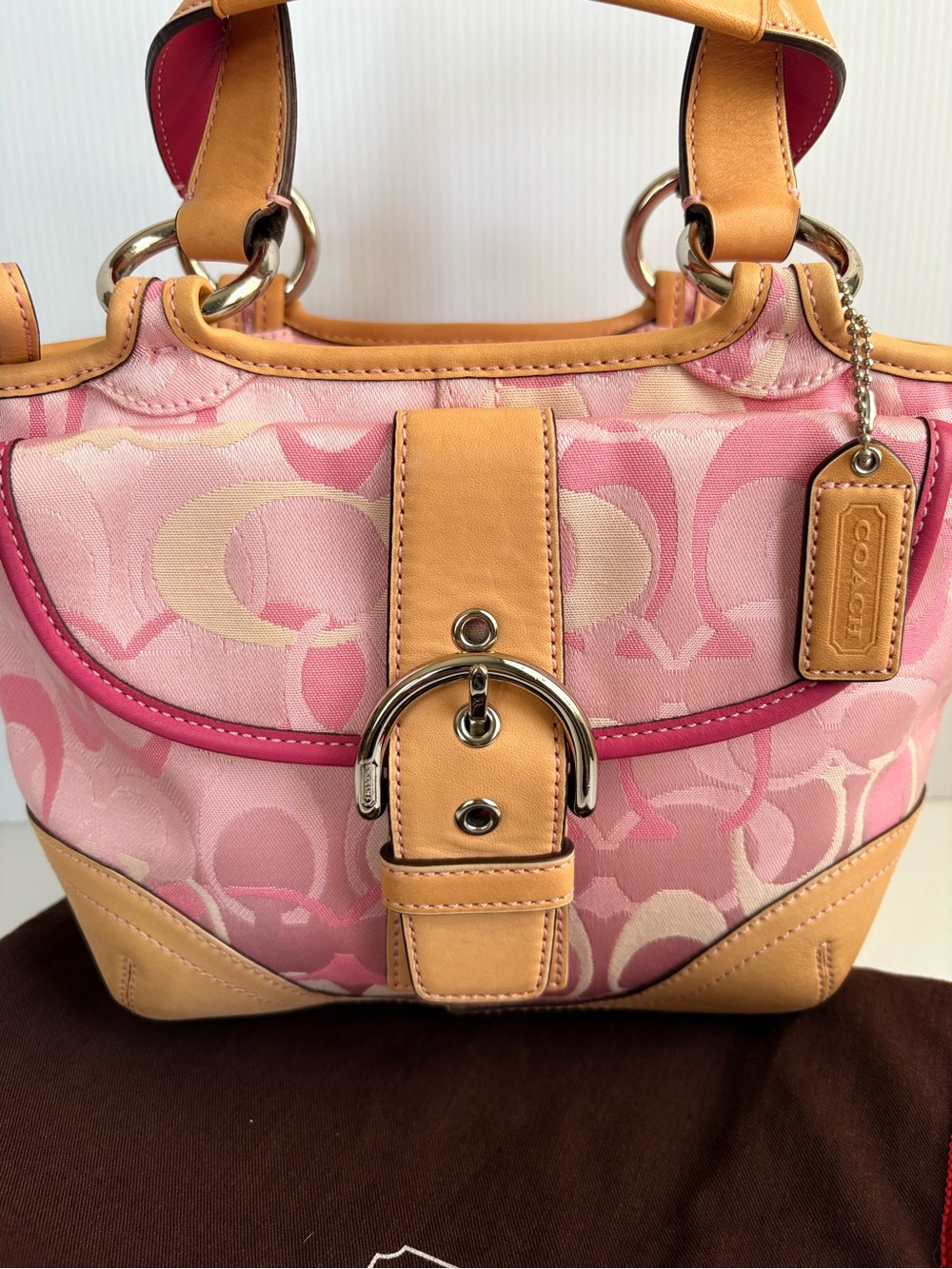 Vintage Coach Soho Y2K Pink Optic Signature Jacquard /Tan Leather EUC - Picture 4 of 16